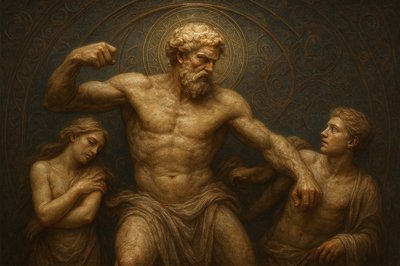a painting of a man surrounded by three other men