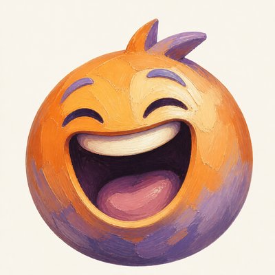 an exaggerated laughing face of an original round mascot character, bold and readable at small size, plain background, no text