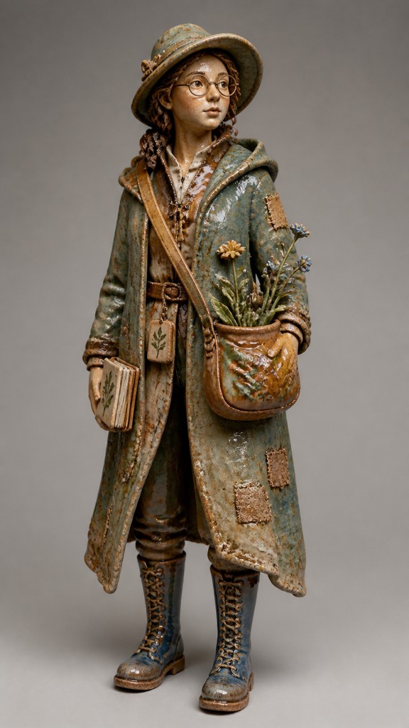 full-body original character: a wandering botanist with a satchel of plants, a patched green cloak, tall boots and round glasses, neutral background