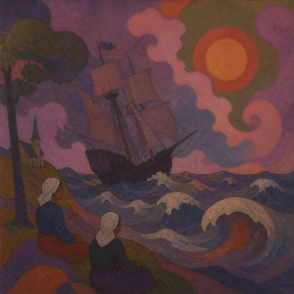 sailing ship on a stormy sea — Synthetism Art Style