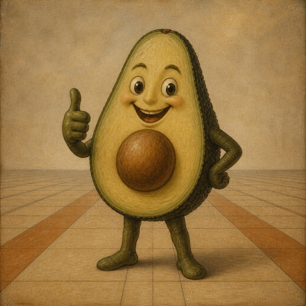 a happy avocado character giving a thumbs up, bold readable design on a plain background, no text