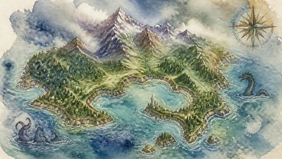 a map of an island realm with mountains, forests, a sheltered bay, sea monsters in the water and a compass rose, no text labels