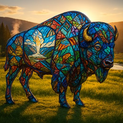     A breathtaking, full-size artistic standing buffalo, rendered entirely in the style of intricate, luminous glass art, reminiscent of the painted buffalo installations. The buffalo's majestic form is composed of countless individual pieces of vibrant, multifaceted stained glass or fused glass, meticulously cut, arranged, and joined.

    The entire surface of this glass buffalo is adorned with various miniature, finely detailed scenes and patterns etched, painted, or embedded within the glass itself, or created by the unique coloration and texture of the glass pieces. These scenes depict:

        Iconic Yellowstone landscapes: Old Faithful erupting in miniature, the Grand Canyon of the Yellowstone, geothermal pools.

        Local wildlife: Elk, bears, wolves, eagles (all rendered in the glass medium).

        Native American art motifs: Geometric patterns, symbols, and figures (also within the glass).

    The buffalo's interior is subtly illuminated, causing the entire sculpture to glow from within, acting as a beacon of art and nature. Light catches every facet of the glass, creating a dazzling play of refracted colors that project intricate patterns onto the surrounding natural environment.

    The setting is the glory of Yellowstone National Park, specifically an expansive, iconic vista. Perhaps in a verdant meadow with distant geysers steaming, or near a crystal-clear river. The morning sun, bright and golden, backlights the buffalo, intensifying its inner glow and creating a dramatic contrast with the rugged, natural beauty of the park. The atmosphere is one of awe, harmony between art and nature, and a profound celebration of the spirit of the American West. The artistic style is hyper-realistic, emphasizing the detailed texture, transparency, and brilliant light play inherent in glass art, seamlessly integrated into a vibrant, natural landscape.