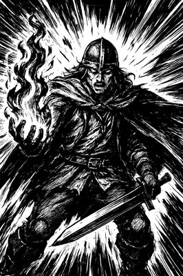 a black and white drawing of a man with a sword