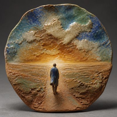 a solitary figure walking toward a glowing horizon across an empty plain, moody atmosphere, no text or lettering