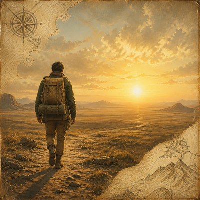 a solitary figure walking toward a glowing horizon across an empty plain, moody atmosphere, no text or lettering