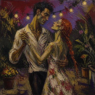 an original couple dancing under string lights in a garden at dusk: a man with short black hair in a linen shirt and a woman with braided red hair in a summer dress