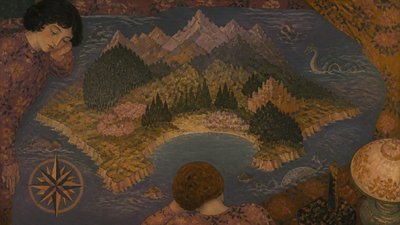 a map of an island realm with mountains, forests, a sheltered bay, sea monsters in the water and a compass rose, no text labels