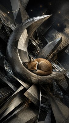 a sleeping baby fox curled on a crescent moon among soft stars, gentle and warm, no text