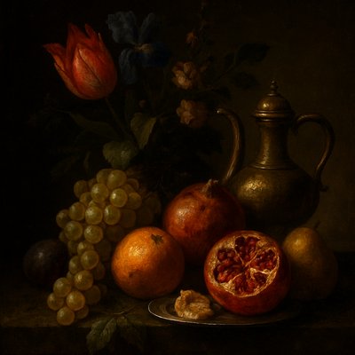 still life arrangement of fruits and flowers