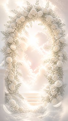 an arch of white roses and eucalyptus in soft morning light, elegant vertical composition with open space, no text