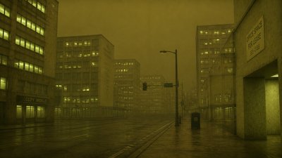 bustling city street panorama at dusk