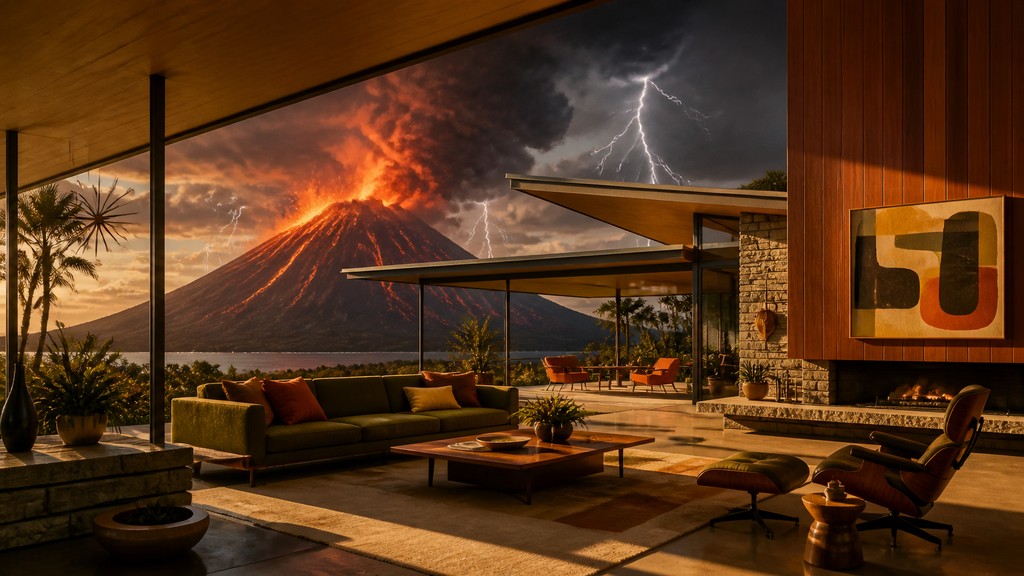 an erupting volcano with lightning strikes, dramatic wide composition, no text