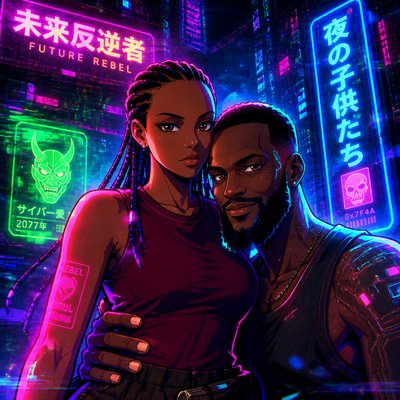 a man and a woman standing next to each other in front of neon signs