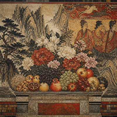 still life arrangement of fruits and flowers
