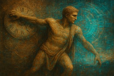 a painting of a man holding a clock