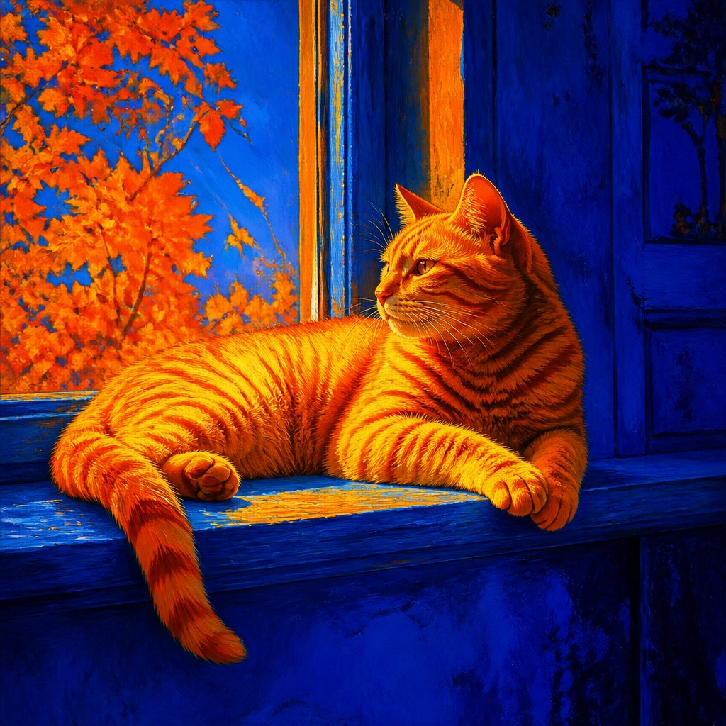 a cat lounging in a sunlit window — Complementary Color Art Style