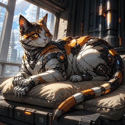 a fluffy calico cat lounging on a cushion in a sunlit window, no people