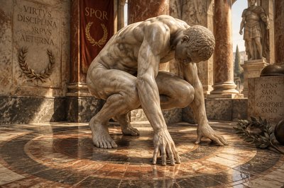 a statue of a man kneeling down in a room