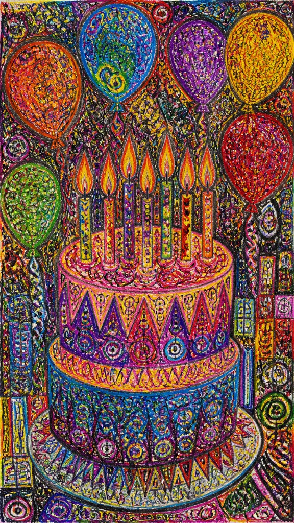 a birthday cake with lit candles surrounded by balloons and confetti, festive vertical composition, no text