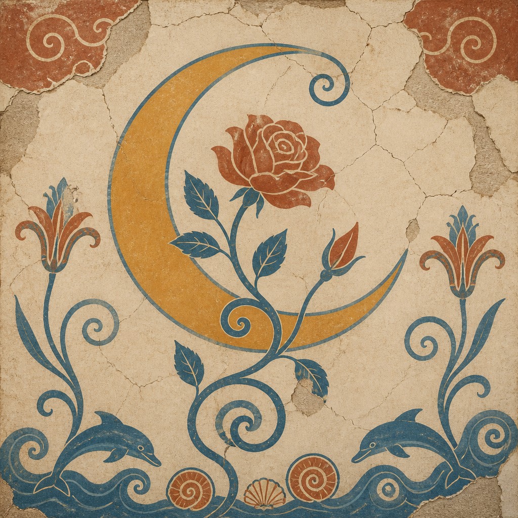 a rose entwined with a crescent moon, clean balanced composition on a plain background, no text