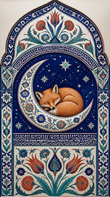 a sleeping baby fox curled on a crescent moon among soft stars, gentle and warm, no text