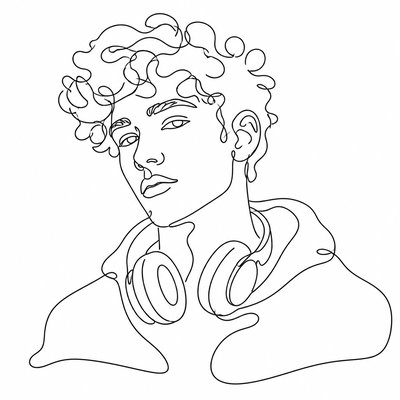 head-and-shoulders portrait of an original character: a young man with curly dark hair and headphones around his neck, plain backdrop, no text