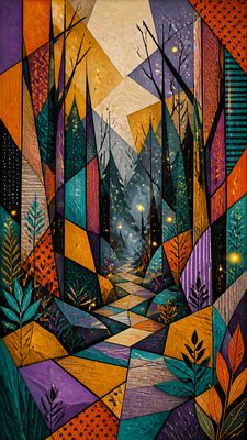 a mysterious forest path with fireflies and drifting mist, atmospheric vertical composition with open space at the top, no text