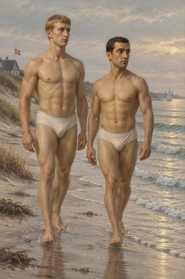 a painting of two men walking on the beach