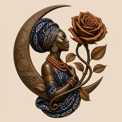 a rose entwined with a crescent moon, clean balanced composition on a plain background, no text