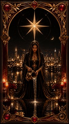a robed figure pouring water beneath a large eight-pointed star in a night sky, symmetrical composition with an ornate decorative border, no text