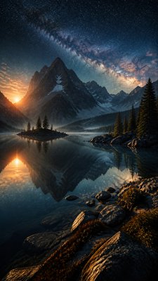 a tranquil mountain lake beneath a starry night sky, no people, no text