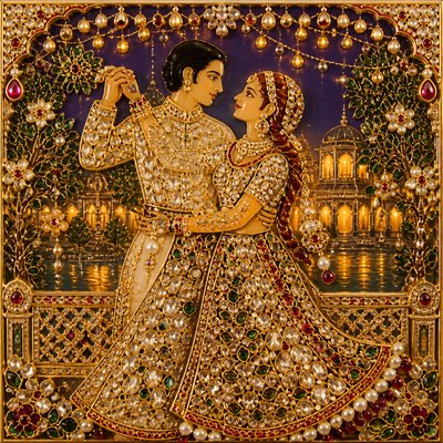 an original couple dancing under string lights in a garden at dusk: a man with short black hair in a linen shirt and a woman with braided red hair in a summer dress