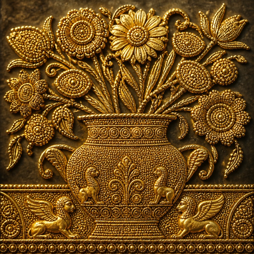 bouquet of flowers in a glass vase — Etruscan Granulation Jewelry Style