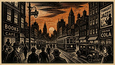 bustling city street panorama at dusk
