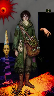 full-body original character: a wandering botanist with a satchel of plants, a patched green cloak, tall boots and round glasses, neutral background
