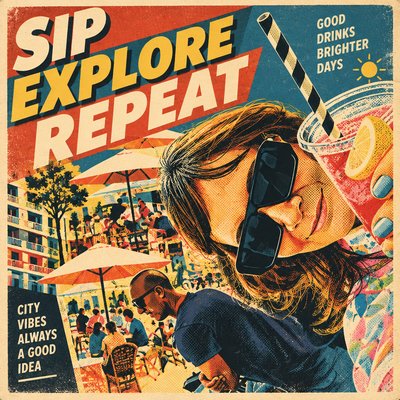 a poster of a woman wearing sunglasses and holding a drink