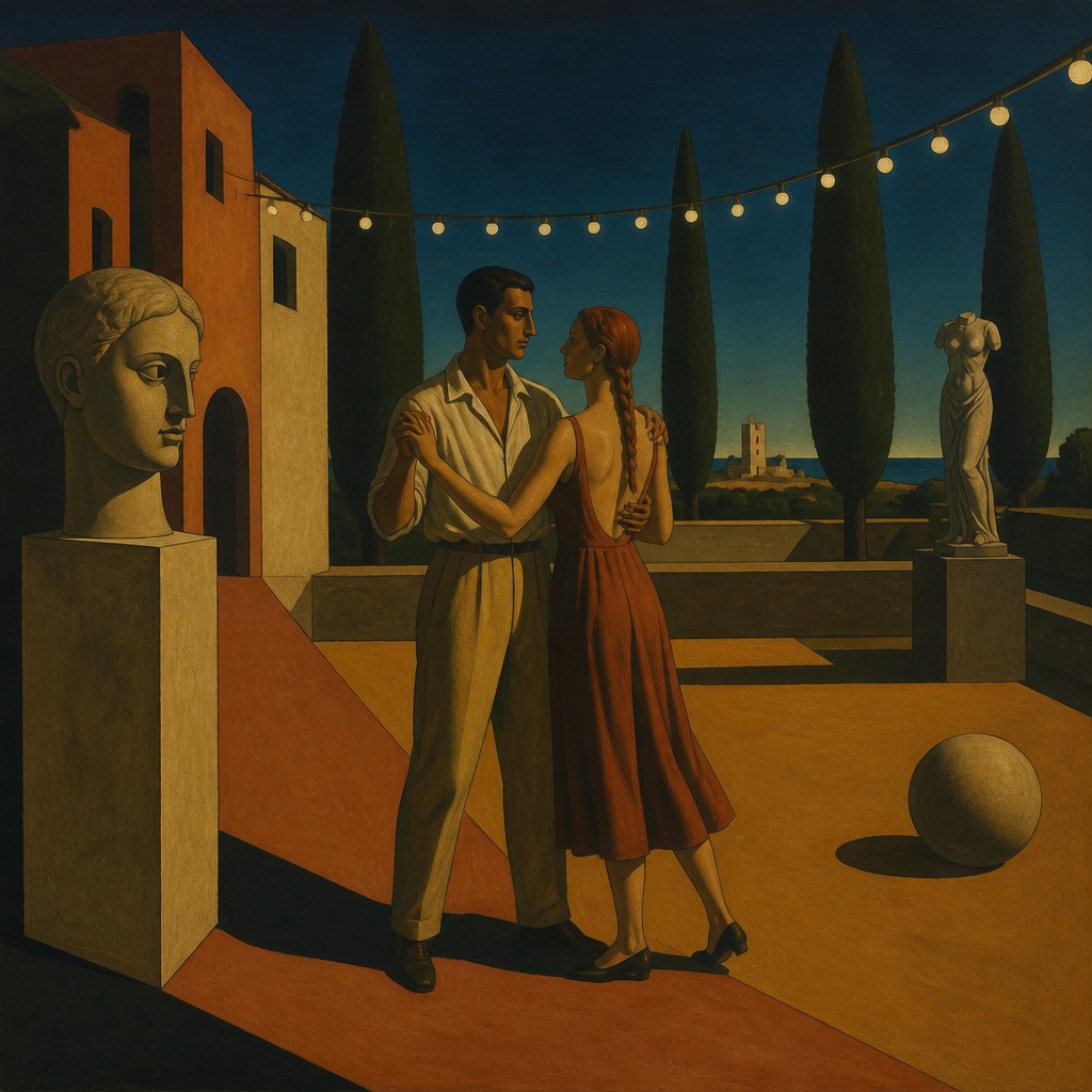 an original couple dancing under string lights in a garden at dusk: a man with short black hair in a linen shirt and a woman with braided red hair in a summer dress