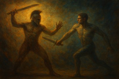 a painting of two men holding swords in their hands