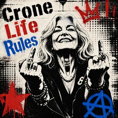 Text: Crone Life Rules

Images: Older woman with silver mid-length hair, looking joyous, giving "the bird" with both hands.