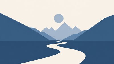 a vast valley with a river winding toward distant mountains at sunrise, no people, no text