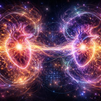 A stunning conceptual art piece representing Colossians 2:2. Two vibrant, glowing human hearts are positioned in a dark, cosmic void. They are not touching, but are connected by hundreds of vibrating, iridescent "quantum threads" and swirling subatomic particles. When one heart pulses with golden light, the other reacts instantly with the same frequency, symbolizing quantum entanglement. The space between them is filled with glowing mathematical equations and sacred geometry representing the "treasures of wisdom and knowledge." Hyper-realistic, ethereal, neon-amber and deep violet palette, 8k resolution.