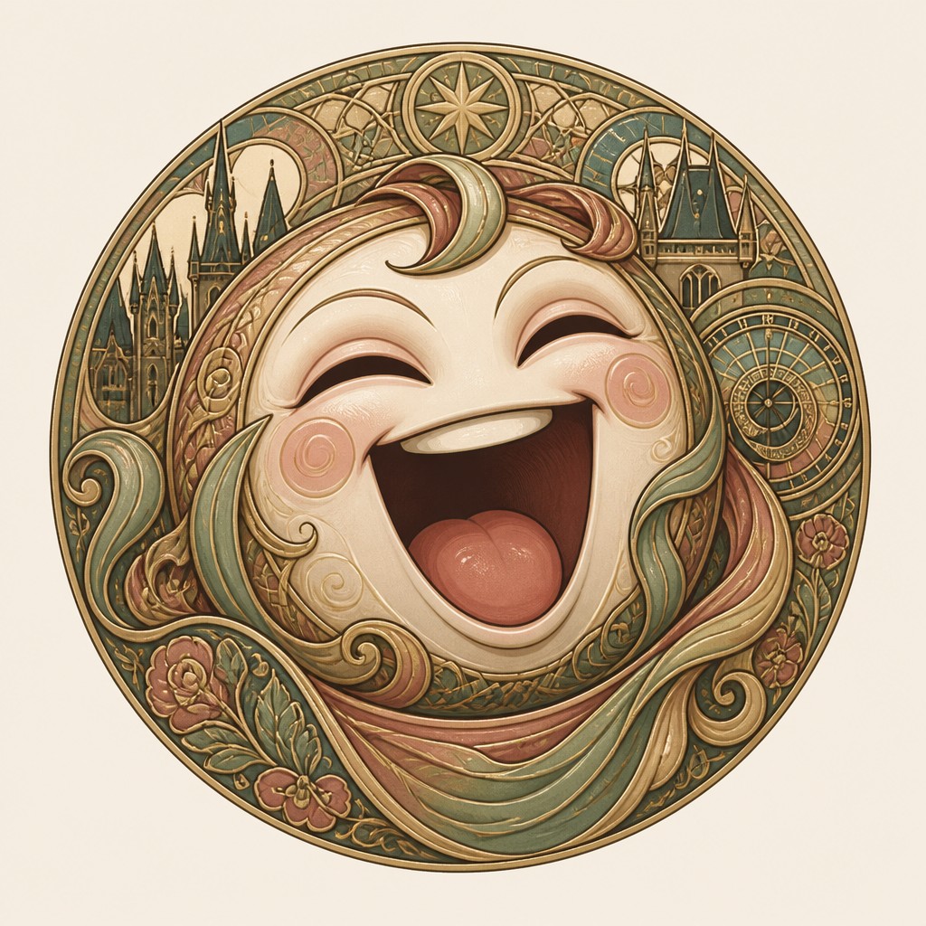 an exaggerated laughing face of an original round mascot character, bold and readable at small size, plain background, no text