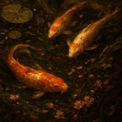 A koi pond seen from above, orange and white koi fish swimming among lily pads, clear water with subtle ripples, fallen cherry blossom petals floating on the surface, dappled sunlight