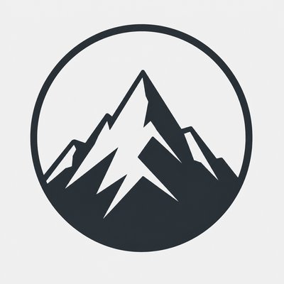 an emblem of a mountain peak inside a circle, simple bold shapes on a plain background, no text or lettering