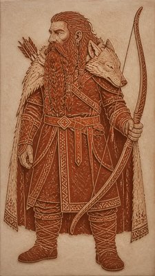 full-body original character: a dwarven ranger with a braided auburn beard, worn leather armor, a longbow and a wolf-pelt cloak, neutral background, no text