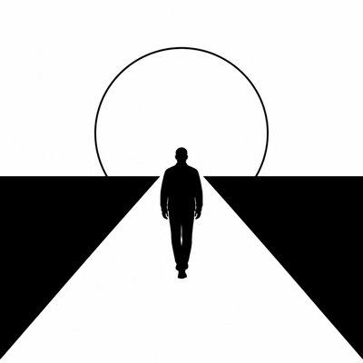 a solitary figure walking toward a glowing horizon across an empty plain, moody atmosphere, no text or lettering