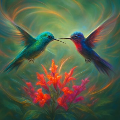 A breathtaking and dynamic close-up scene depicting two iridescent hummingbirds engaged in a vigorous mid-air duel over a cluster of vibrant, nectar-rich flowers. Their tiny wings are blurred into translucent arcs of motion, a testament to their incredible speed and agility, creating a frantic, energetic atmosphere.

One hummingbird, perhaps a brilliant emerald green, lunges forward, while the other, possibly a fiery ruby red or shimmering blue, hovers defensively, their long beaks pointed towards each other in a fierce territorial display. Their tiny, intense eyes are sharply focused on their opponent.

They are positioned directly above or fiercely guarding a cluster of brightly colored, inviting flowers, such as trumpet vines, fuchsias, or salvia, which are depicted with exquisite detail and rich, saturated hues, dripping with nectar. The background is a soft, dreamlike blur of lush green foliage and dappled sunlight, keeping the focus entirely on the intense aerial ballet. The lighting is bright and dramatic, catching the metallic sheen of their feathers and emphasizing their jewel-like colors. The overall mood is one of intense energy, fierce beauty, and natural competition dynamic illustration.dynamic illustration, vibrant fantasy art, exaggerated motion lines, glowing effects on iridescence, stylized flowers, energetic and fluid composition