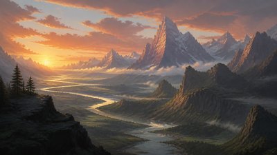 a vast valley with a river winding toward distant mountains at sunrise, no people, no text