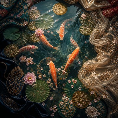 A koi pond seen from above, orange and white koi fish swimming among lily pads, clear water with subtle ripples, fallen cherry blossom petals floating on the surface, dappled sunlight